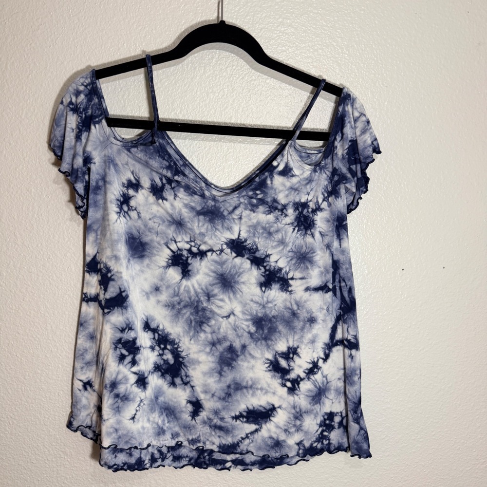 American Eagle Soft and Sexy Tie Dye Cold Shoulder Top Womens M Blue White